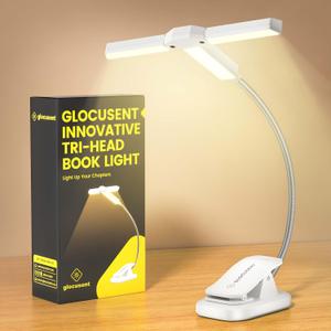 Glocusent Innovative Tri-Head Book Light for Reading in Bed, 3 Colors & 5 Brightness Levels, 1000mAh Rechargeable Reading Light with 30-Min Timer, 10-100Hrs, Partner Friendly, Perfect for Book Lovers (White)
