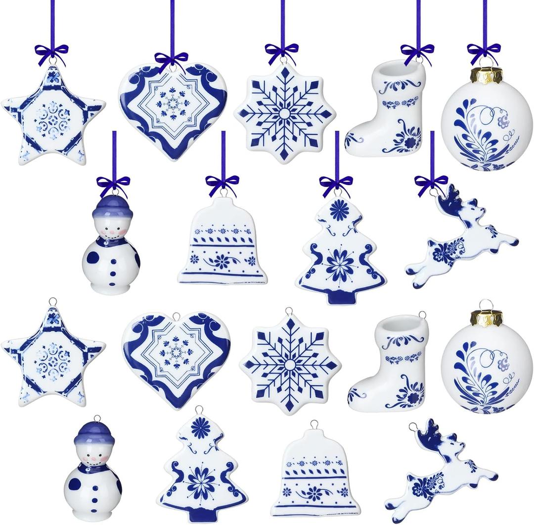 Funtery 18 Pieces Blue and White Porcelain Ornaments Chinoiserie Fall Pumpkin Decor Hanging Pendant Christmas Decor Ceramic Christmas Tree Ornaments for Christmas Autumn Decoration (Cute Style)