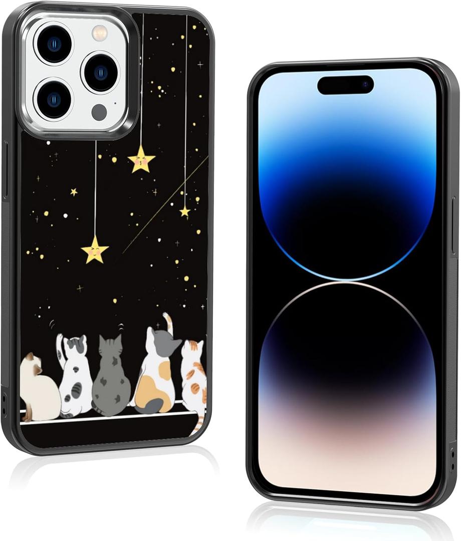 Black Cute Cat iPhone 15 Pro Case Cute Cat iPhone Case, Non-Slip Pattern Design and Shock Absorption, Soft Silica Gel Frame Support Black Phone Case for Teen Girls and Sisters