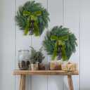 Chuangdi 2 Pcs Small Norfolk Wreath with Cypress Cow Bells and Velvet Ribbon Bow 11.8 Christmas Kitchen Cabinet Mini Wreaths Faux Pine Greenery Winter Wreath for Xmas Table Cabinets Kitchen Windows