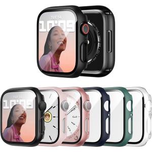 6 Pack Case with Tempered Glass Screen Protector for Apple Watch Series 9/8/7 41mm, Ultra-Thin Scratch Resistant Full Protective Hard PC Bumper Cover for iWatch 41mm Accessories (Black/Clear/Rose Gold/Pink/Blue/Green)