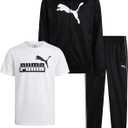 PUMA Boys Pants Set - 3 Piece Athletic T-Shirt, Zip Up Jacket, Jogger Pants - Boys Activewear Tricot Jogset (8-16) (10-12, White/Black Core)