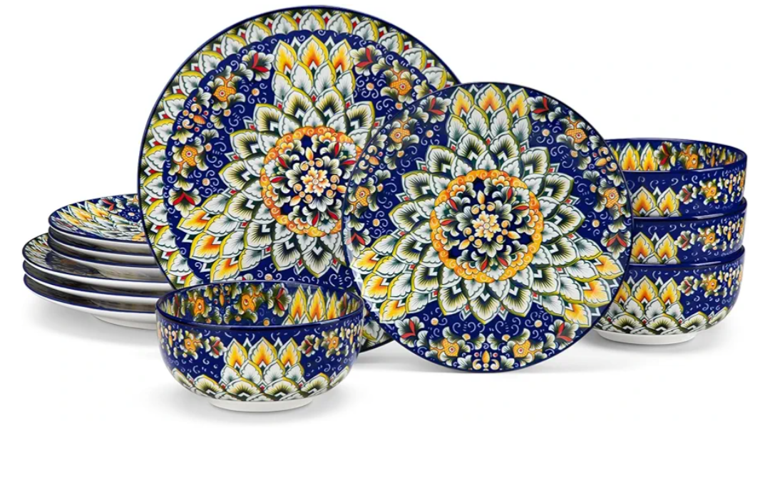 12 Pieces Dinnerware Sets, Blue Plates and Bowls Set, Porcelain Dishes Set for 4, Microwave and Dishwasher Safe, Scratch Resistant, Bohemian Style Dining Ware Service for 4, Series SIMI