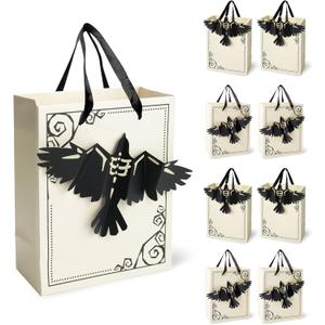 Cheerland 8pcs Halloween Party Favor Bags with Gothic Paper 3D Crow for Birthday EMO Paper Bags Snack Bag Raven Halloween Goodie Bag Candy Bag 3D Crows Summerween Party Supplies Trick or Treat Bag