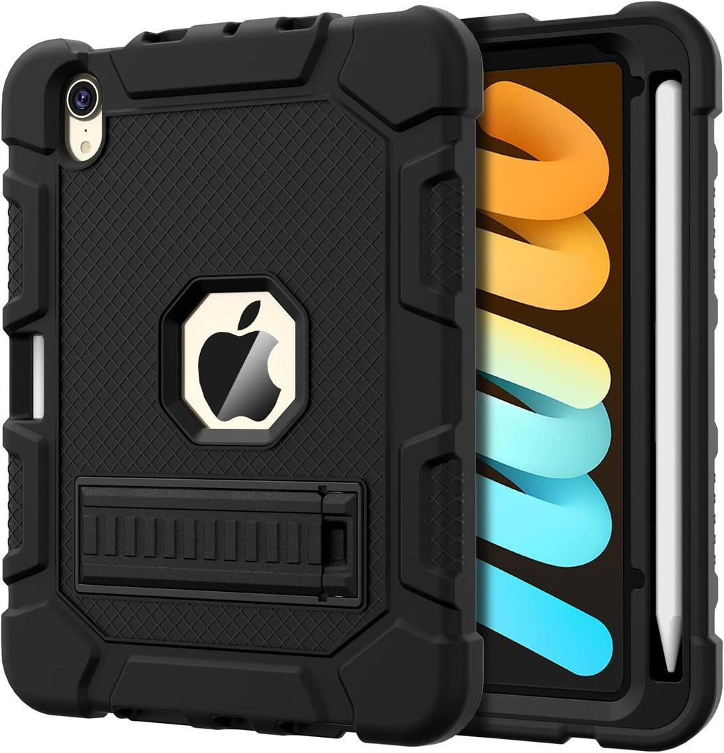 Case for iPad mini 7 A17 Pro 2024 / iPad mini 6 2021 8.3 Inch, Heavy Duty Shockproof Rugged Protective Case for iPad mini 7th/6th Generation 8.3", Black