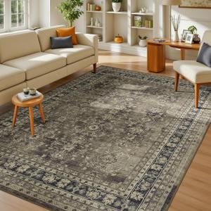 Lessymo 5x7 Area Rugs for Living Room, Machine Washable Non Slip Rug, Soft Low Pile Carpet for Bedroom Dining Home Office, Vintage Brown Distressed Floral Floor Mat
