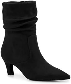 Coutgo Women's Slouchy Ankle Boots Low Kitten Heel Pointed Toe Booties Side Zipper Fall Shoes, Black, 11