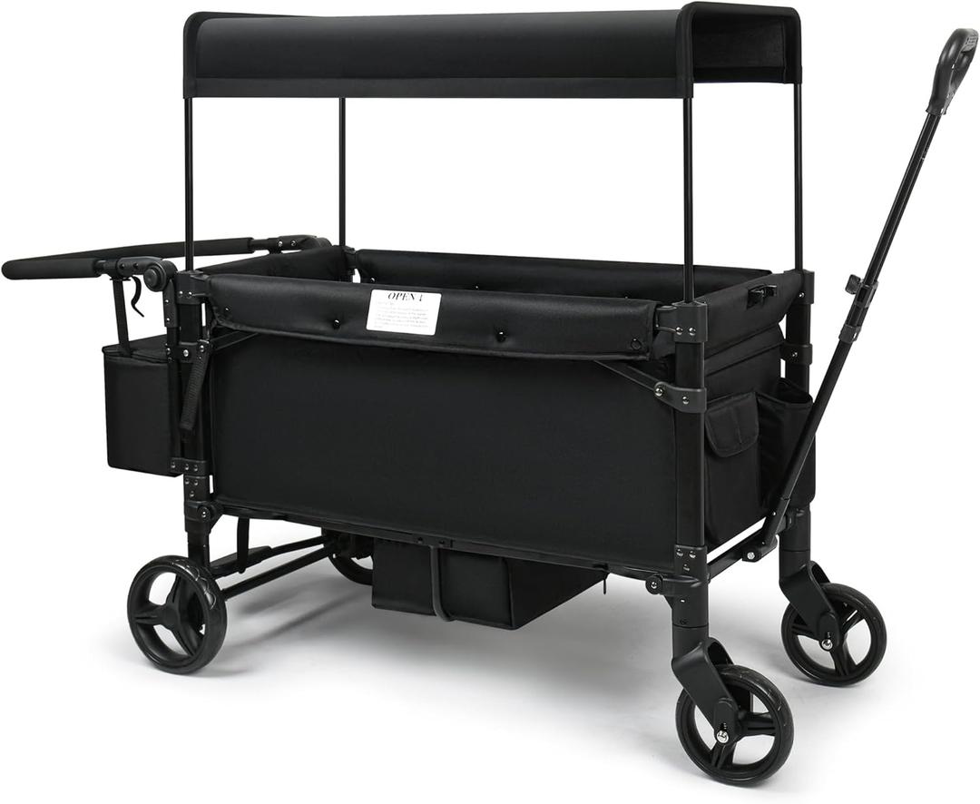 VOOI Stroller Wagon, 2 Seater Kids Wagon, Collapsible with 5-Point Harnesses, Zipper Door, Sun Canopy (Black)