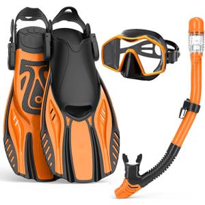 Snorkeling Gear for Adults,Mask Fins Snorkel Set,Panoramic View Diving Mask Anti-Fog,Dry Snorkel,Adjustable Swim Flippers and Travel Bag,Adults Snorkel Gear for Swimming Snorkeling Diving