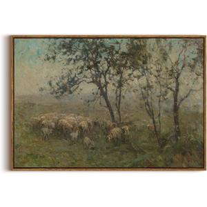 KISSFOX Framed Vintage Landscape Wall Art Natural Scenery Canvas Prints Colorful Painting Artwork Rustic Farmhouse Pictures Decor Living Room Office Bedroom Bathroom Kitchen (24x36 in, Shepherding)