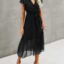 BTFBM Women Summer Bohemian Floral Casual Wrap V Neck Ruffle Cap Sleeveless Belt A-Line Pleated Hem Midi Sun Dress White (L)