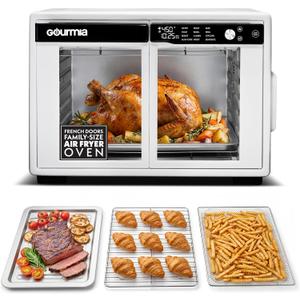 Gourmia French Door Air Fryer Oven - 37 Qt Large Capacity Convection Toaster Oven, FryForce 360°, Digital Display, 12 Cooking Presets, Dehydrate, Fits 13” Pizza, Dishwasher-Safe, White