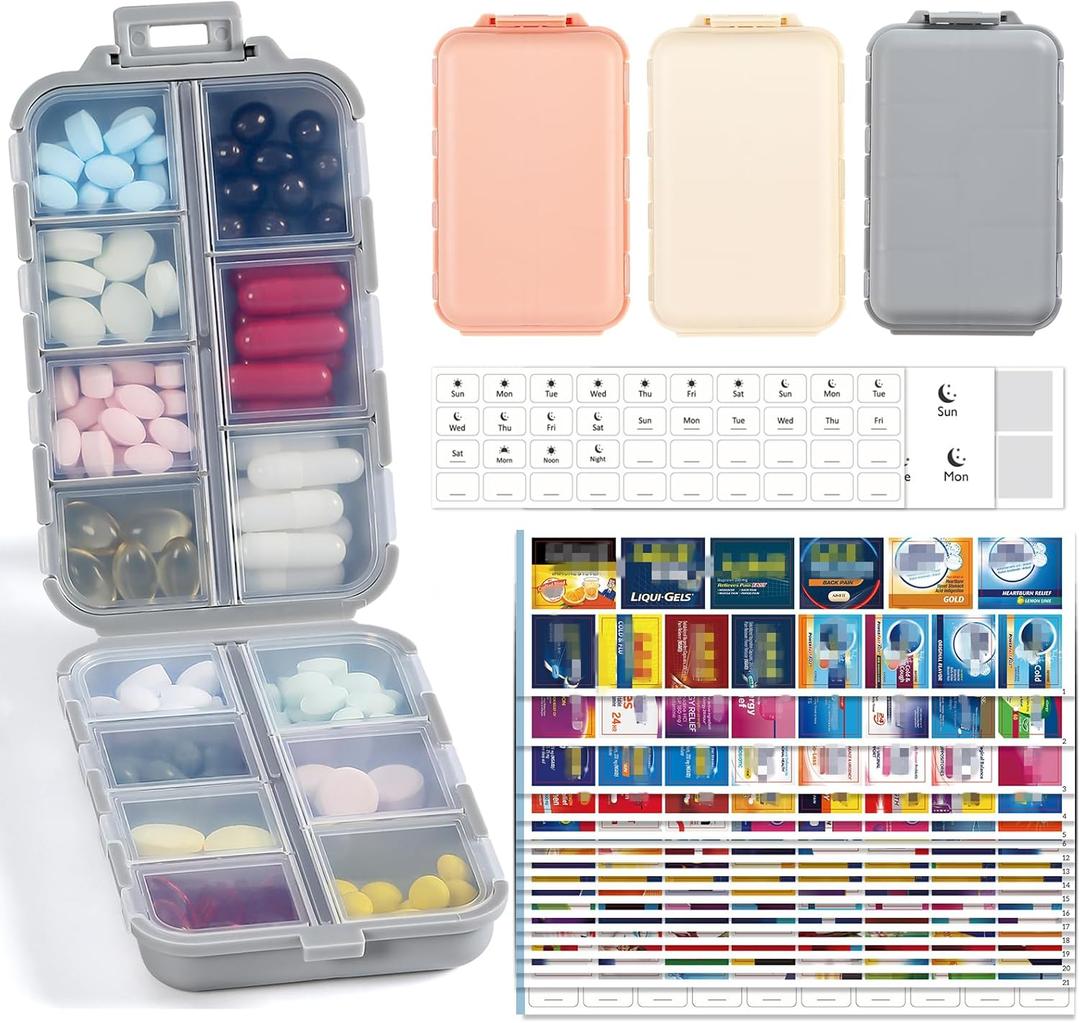 3 Pack Travel Pill Organizer with Bulk Stickers & Labels - Small & Portable Week Daily Medicine Pharmacy for Pocket, Bag - 14-Compartment Foldable Supplement Box Holder for Fish Oil Vitamin