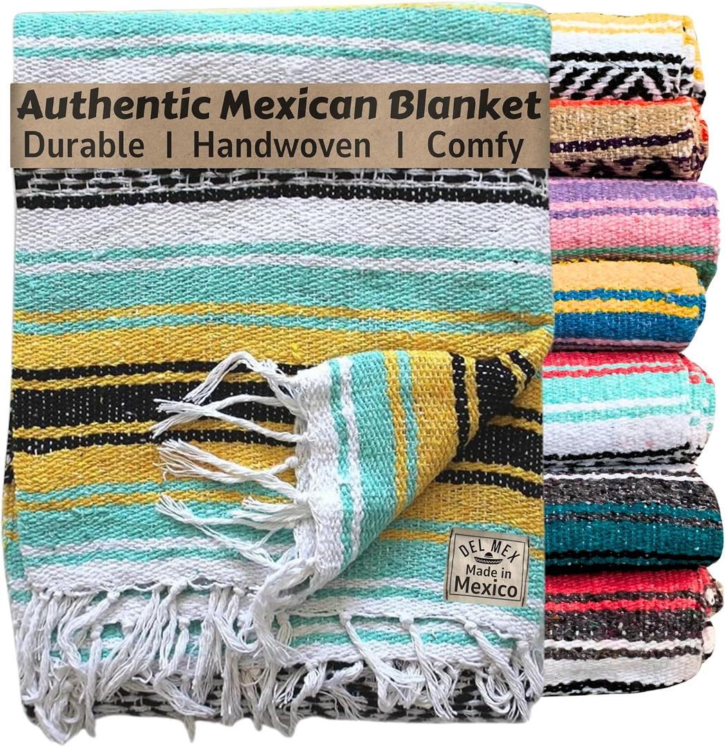 Del Mex Classic Mexican Blanket, Large Authentic Woven Falsa Throw (70"x50"), Artisan Southwest Dcor for Beach, Yoga, Outdoors (Mint/Yellow)