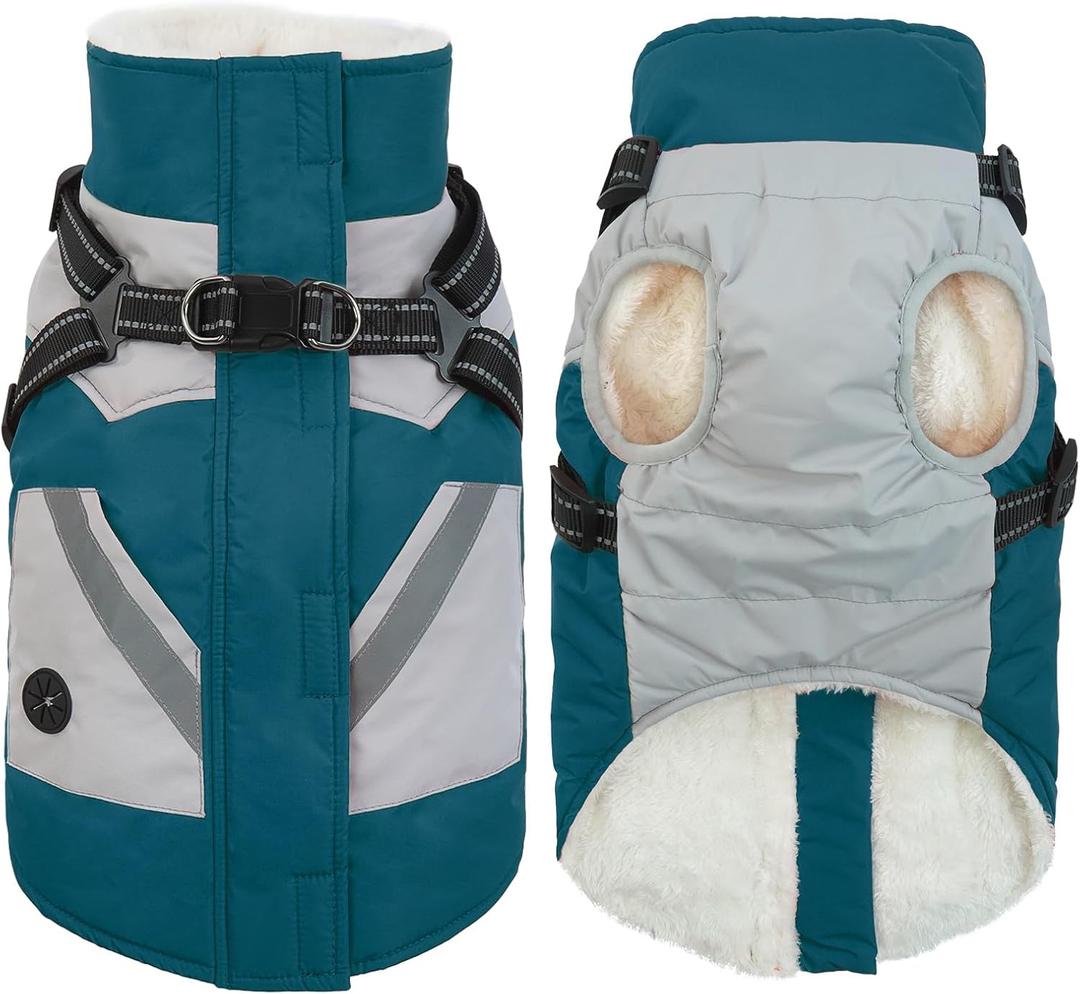 IECOii Dog Winter Jacket for Small Dogs, Waterproof Dog Coat with Harness Built in, Windproof Reflective Zip Up Fleece Jacket for Dogs, Puppy Thermal Warm Snowsuit for Cold Weather, Turquoise Green, S