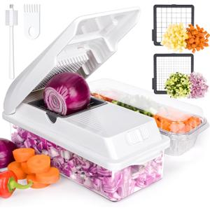 X Home Vegetable Chopper, Includes 3 Aluminum Foil Pans for Food Storage, Veggie Chopper for Cucumber, Carrots, Onion, Potatoes, Chopper Vegetable Cutter with Container, 2 in 1, Easy Cleaning, White