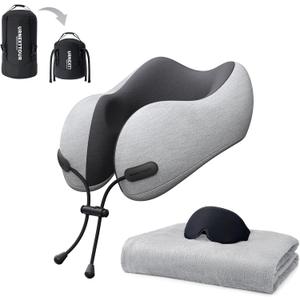urnexttour Neck Pillow and Blanket Set for Travel Memory Foam Design Models Pillows with Eye Mask and 50% More Storage Bag Traveling Essentials Plane Car Flight Rest Sleeping Use Adult, Light Gray
