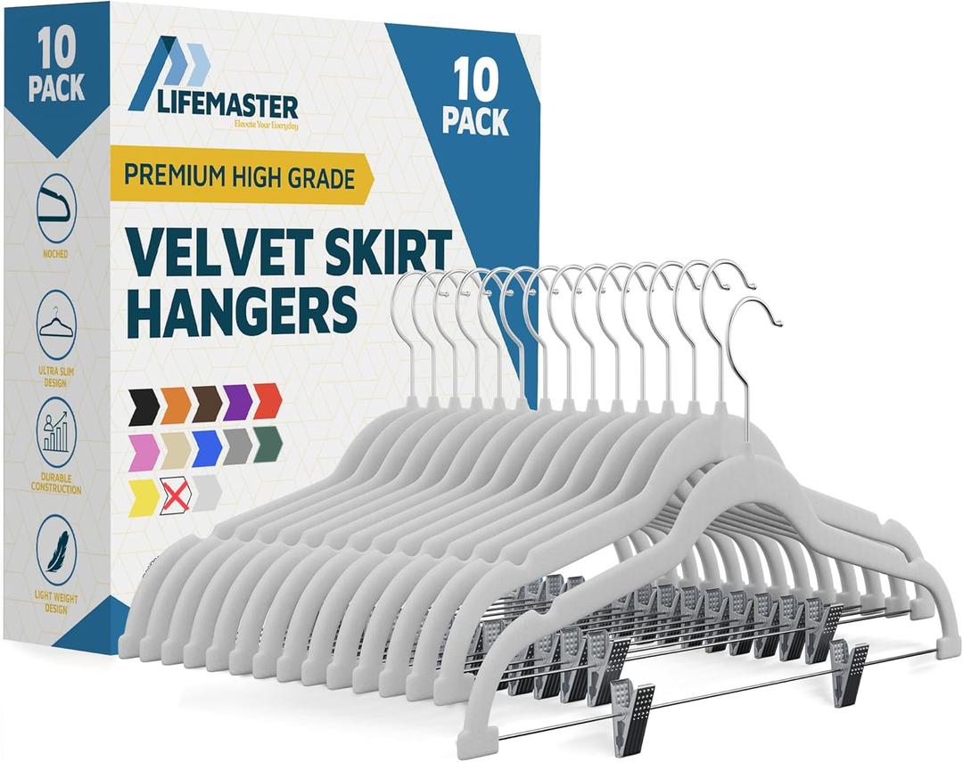 Lifemaster Velvet Skirt Hangers  with Adjustable Clips, 360 Degree Swivel Hook, and Non-Slip Shoulder Notch, Holds Up to 10 lbs, for Organizing Skirt, Pants, Dress, and Clothes, Pack of 10, White