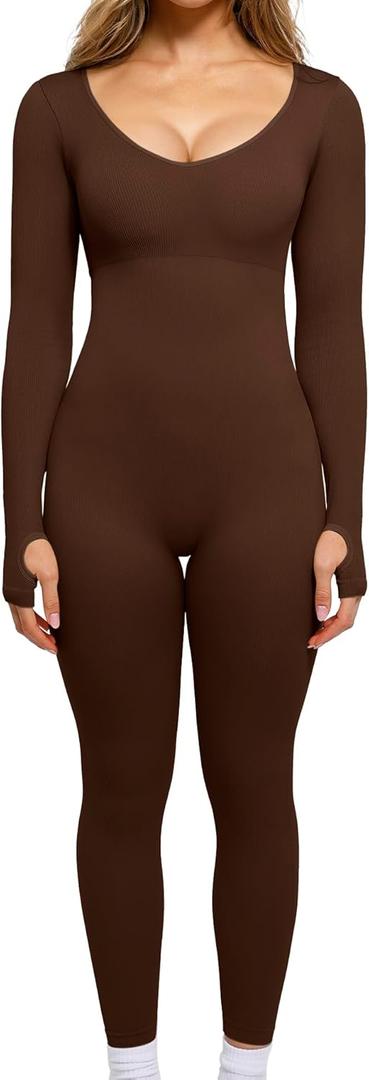 Popilush Long Sleeve Jumpsuit for Women Built-in Bra Ribbed U Neck Tummy Control Full Length Bodycon Workout Fall Outfits (XX-Large, Brown)