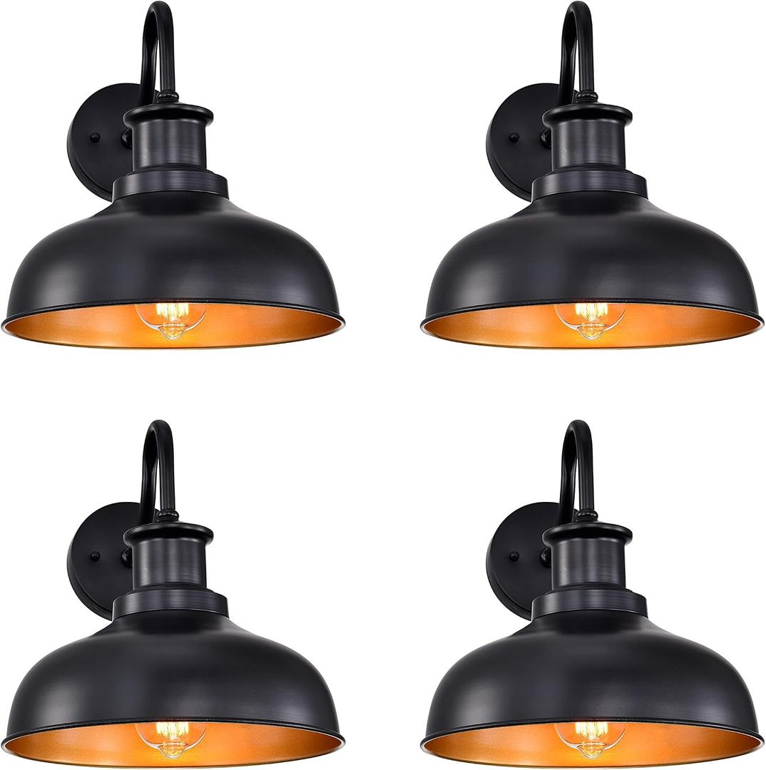 Outdoor Barn Lights, Farmhouse Outdoor Wall Sconces, Rustic Exterior Wall Mount Lights, Vintage Outside Lighting Fixtures, Industrial Black Gold Lanterns for Porch Garage Patio, 4 Pack, 03RZ007-4 PACK