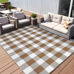 Outdoor Plastic Straw Rug 9x18, Reversible Outdoor Rug Waterproof Patio Rugs, Modern Border Washable Throw Carpet,Camping Rugs for RV Backyard Deck Porch Picnic Beach Poolside, Brown/White