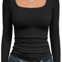 Trendy Queen Womens Long Sleeve Shirts Crop Tops Fall Fashion 2025 Square Neck Going Out Basics Tees Y2k Clothes M, Black