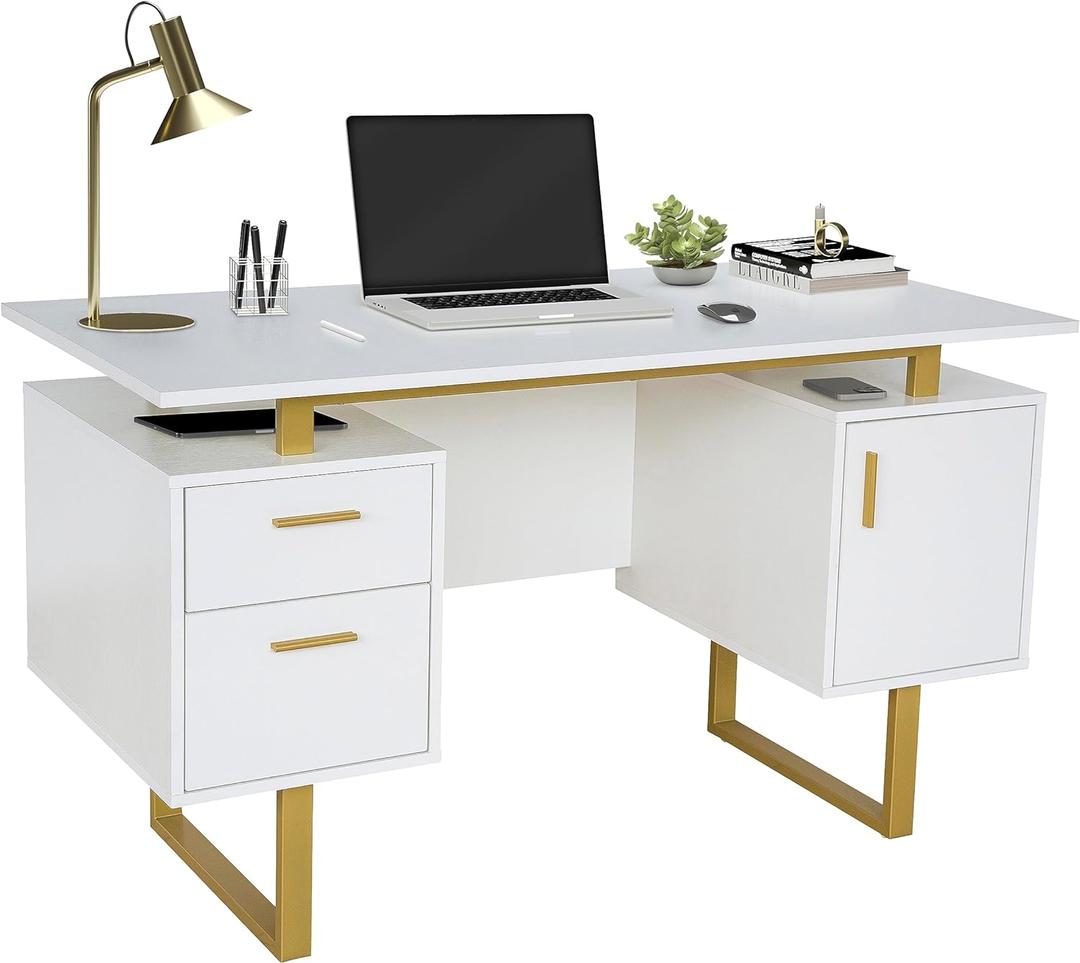 Techni Mobili Storage Drawers and Cabinet 51.25 W-Modern Office Large Floating Desktop Surface Desk, 23.6" D x 51.2" W x 29.8" H, White/Gold