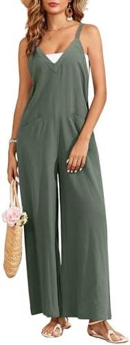 HOTIAN Womens Jumpsuits Overalls Summer V Neck Casual Sleeveless Causal Wide Leg Jumpers Rompers with Pockets, Small
