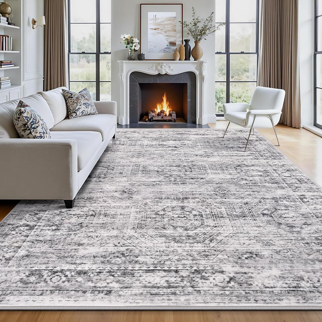 6' x 9' Area Rug, Washable Non-Slip Vintage Low-Pile Faux Wool Carpet, Soft Pet Friendly Farmhouse Rug for Living Room Bedroom Dining Room, Grey