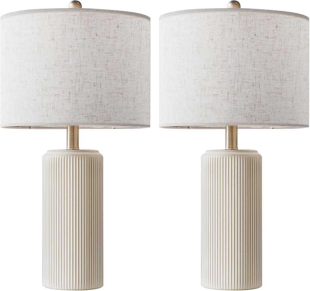 Ceramic Table Lamp Set of 2, 23 Inch 3-Level Dimmable Bedside Lamps with Linen Shade, Farmhouse Nightstand Lamps for Bedroom Living Room, Rustic White Desk Lamp, LED Bulb Included