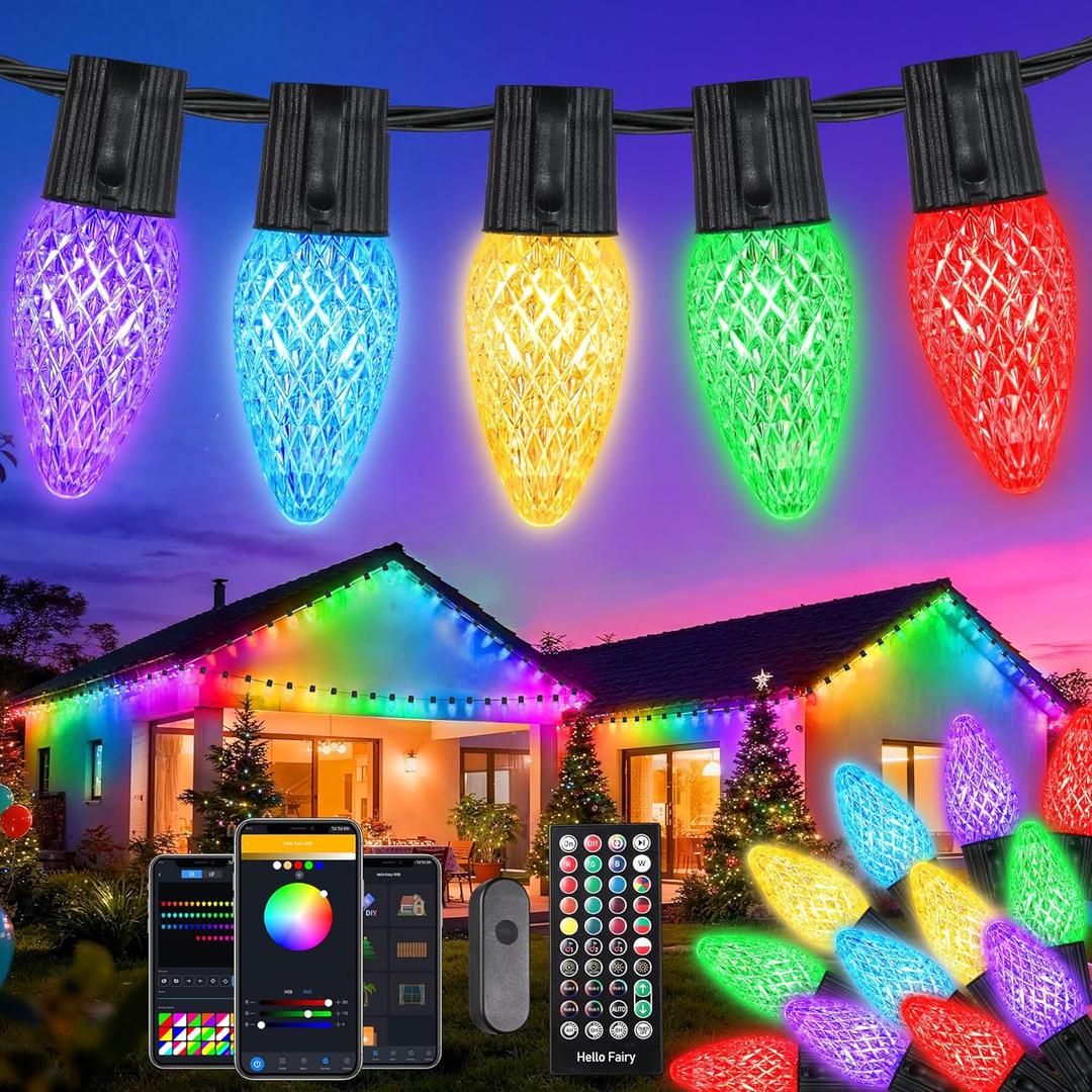 iBaycon Smart C9 Christmas Lights, 100 LED 65FT Bluetooth Outdoor Light String, APP Remote Controlled, Music Sync Color Changing RGB Connectable Christmas Lights for Tree House Eaves Roof Decorations