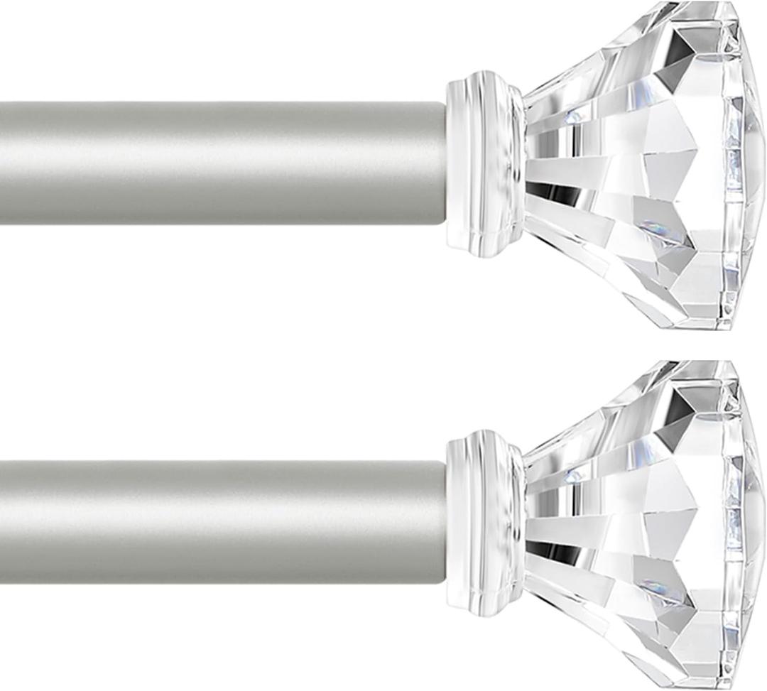 Silver Decorative Crystal Curtain Rods 2 Pack:Heavy Duty Adjustable Window Curtains Rods for Living Room Bedroom,Nickel Modern Acrylic Drapery Rods Set with Clear Bling Diamond Finials,36-88"
