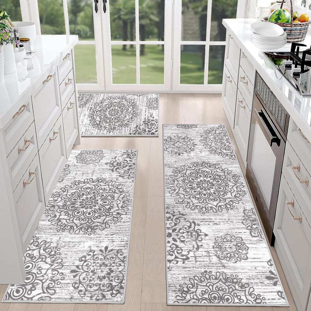 HEBE Farmhouse Kitchen Rugs Sets of 3 Non Slip Washable Boho Kitchen Rugs and Mats for Floor Kitchen Runner Rug Floor Carpet for Kitchen, Laundry, Hallways (20"x32"+20"x48"+20"x59", Floral Grey)