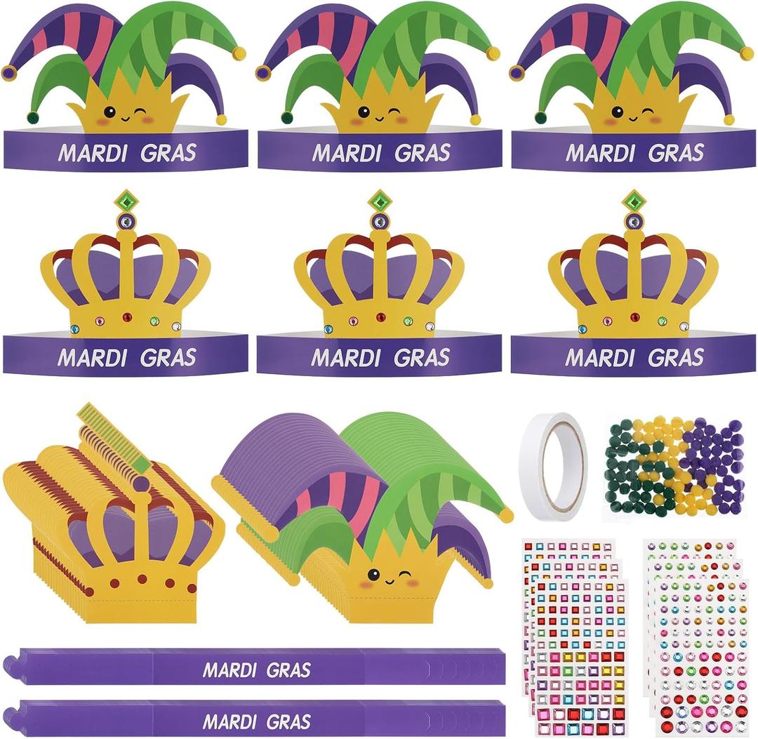 Soulchen 48 Sets Mardi Gras Crowns Jester Hat Craft Kit with Pompoms Diamond Stickers Mardi Gras DIY Paper Hat Crown Headpiece for Carnival Craft Favors Supplies Decoration