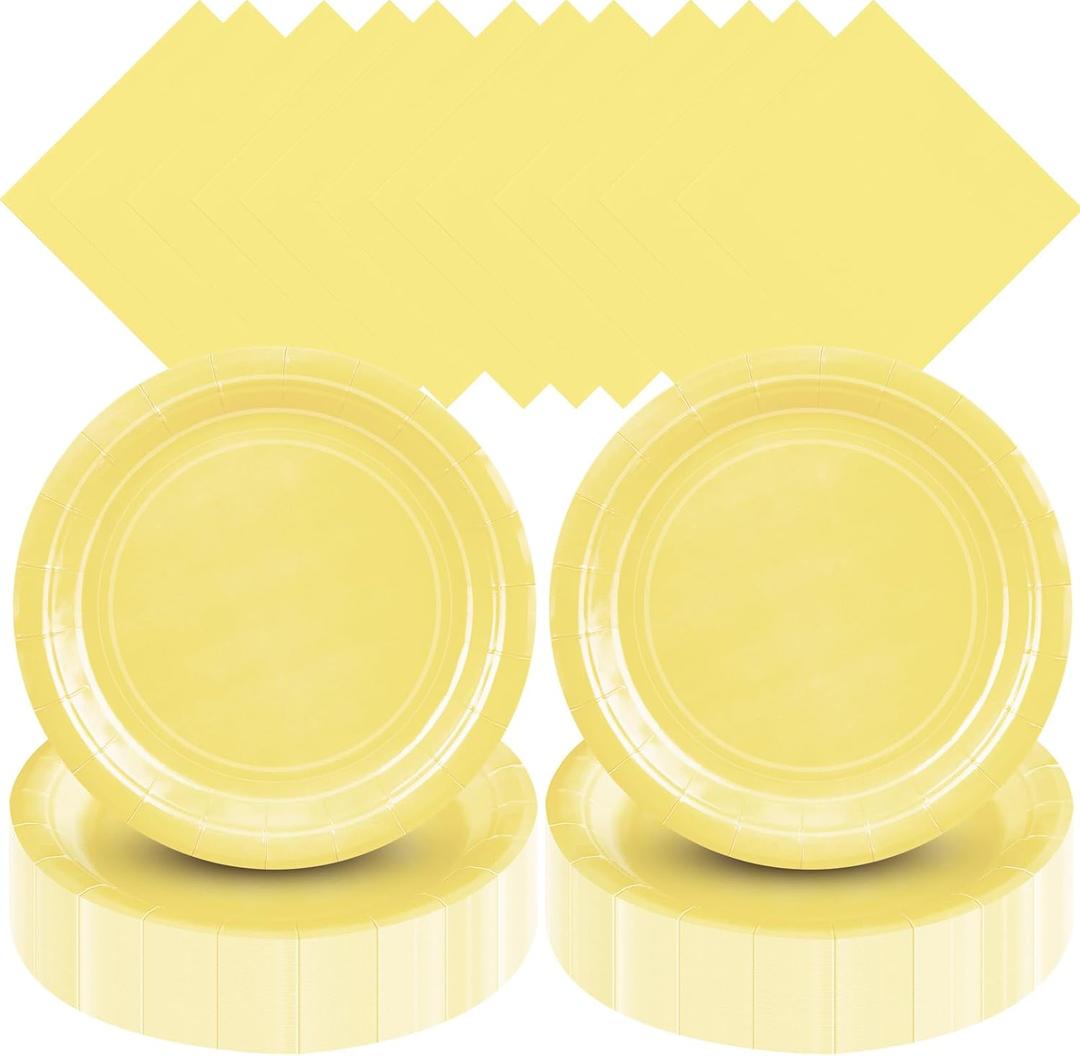 Zhehao 120 Pcs Disposable Paper Dessert Plates and Napkins Set, 7 Inch Party Cake Appetizer Plate with Napkin for Birthday Baby Shower Wedding Easter(Yellow)