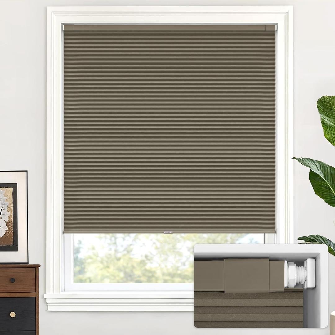 LazBlinds Cordless Cellular Shades, No Tools No Drill Blackout Honeycomb Shades Pleated Blinds for Windows, 24" W x 64" H, Dark Coffee