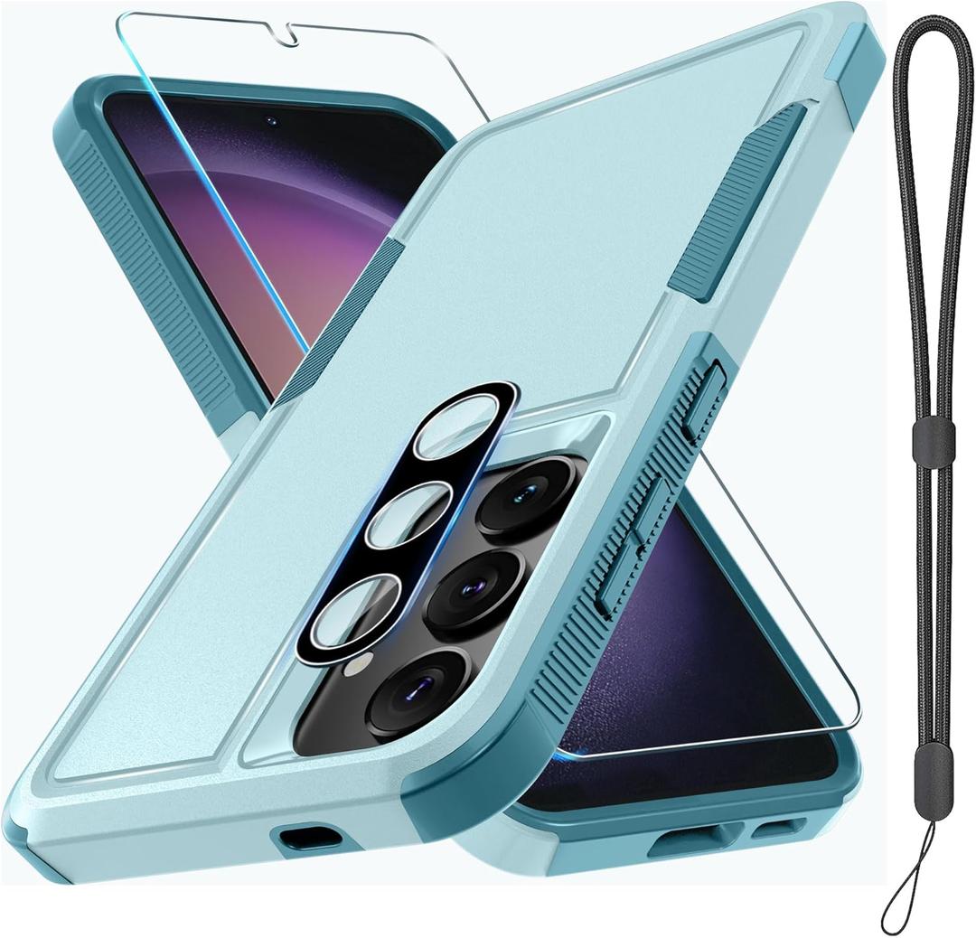 RMOCR Case for Samsung Galaxy S25, Full Body Heavy Duty Rugged Shockproof Protective Phone Cover with Lanyard Strap, Tempered Glass Screen Protector and Camera Lens Cover, Mint Green