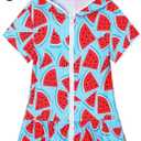 LUCKYGAL Girls Swim Cover Up Kids Swimsuit Coverup Terry Zip-Up Beach Bathing Suit Wraps with Sunglasses (6-7 Years, Watermelon)