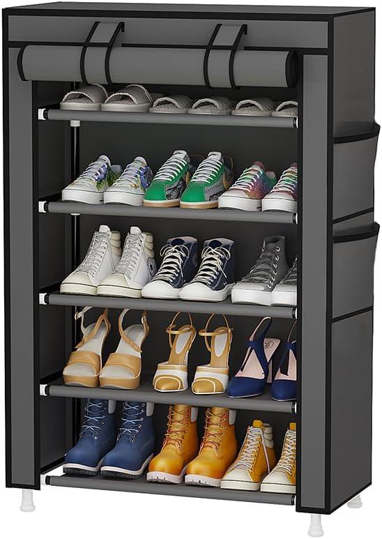 Calmootey 5 Tier Shoe Rack Organizer,Portable Shoe Shelf with Nonwoven Fabric Cover for Closet Hallway,Bedroom,Entryway,Grey
