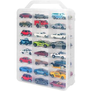 Double Sided Storage Case for 48 Toy Cars, Matchbox Cars, Portable Transparent Storage Case with 48 Compartments, Case Only (Transparent)