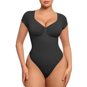 FeelinGirl Short Sleeve Bodysuit for Women V Neck Tummy Control Shapewear Seamless Thong Body Suits Tops LARGE Black