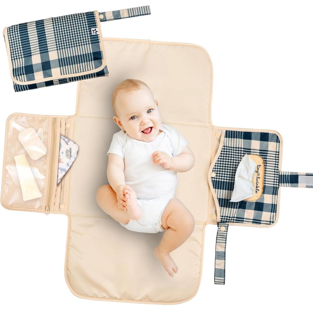 Tiny Twinkle Portable Diaper Changing Pad | Waterproof, Wipeable & Compact Baby Changing Pad for Travel | Smart Wipes Pocket & Organized Storage| Newborn Shower Gift (Gingham)