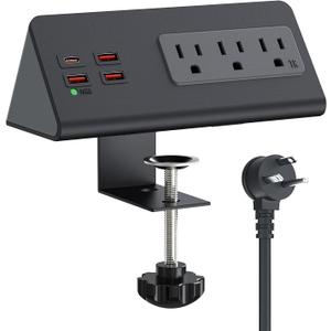 Nightstand Charging Station with PD 20W USB C, Nightstand Edge Power Strip with 3 AC Outlets, 4 Fast Charging USB Ports, Connect 6.56FT Flat Plug, Desk Surge Protector for Office Home Hotel, Black