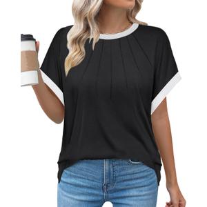 Womens Summer Pleated Shirts Color Block Trendy Tops Dressy Casual Cap Sleeve Blouses Business Shirt Striped Outfits (M, Black)