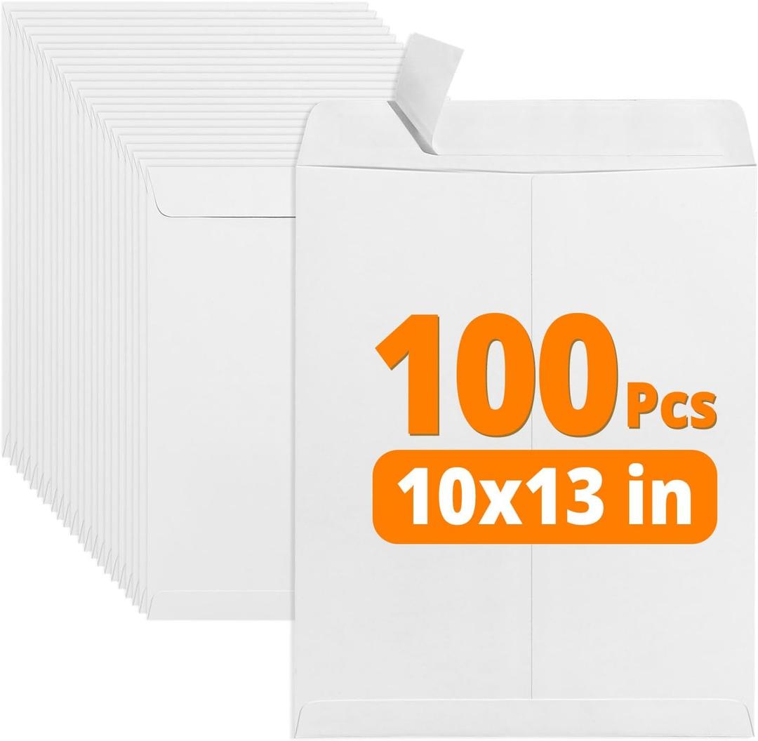 SUNEE 10 x 13 Self Seal Catalog Envelopes, 28lb White Security Mailing Envelopes, Ultra Strong Quick-Seal for Documents, Office & Business Use, 100 Pack