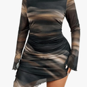 Women's Plus Size Bodycon Dresses Long Sleeve Mesh Sheer Ruched Party Club Mini Dress, size 3XL