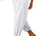 Cotton Casual Capri for Women Elastic High Waisted Loose Lantern Tapered Harem Pants with Pockets (White, M)