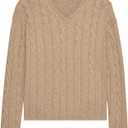 ZAFUL Women's V Neck Cable Knit Sweater 2025 Fall Pullover Long Sleeve Ribbed Loose Top Casual Outfits (Khaki)
