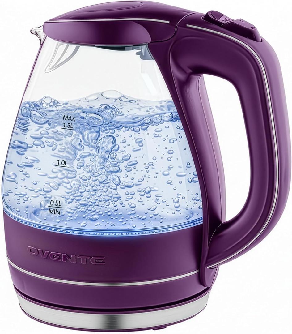 OVENTE Electric Kettle, 1.5L Borosilicate Glass Countertop Water Heater and Boiler for Coffee or Tea, BPA-Free, Auto Shut-Off, Boil-Dry Protection, Removable and Washable Spout Filter, Purple KG83P