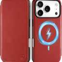 SHIELDON Slim Genuine Leather Case Wallet for iPhone 17 Pro 6.3-inch 2025 | Folio | Wireless Charging | Magnetic | RFID Blocking Credit Card Slot | Shock-Absorbent Phone Holder Cover | Retro Red